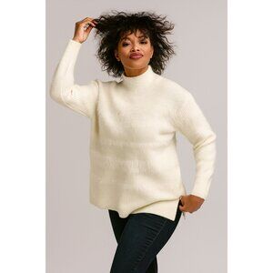 Calvin Klein Large  Mock Neck Fuzzy Stripes Sweater White Ribbed Knit Winter